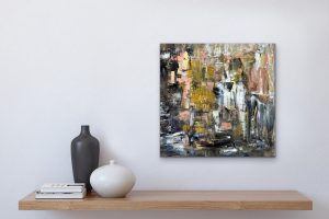 Elements abstract by Red 18x18 on Gallery Wrap Canvas Hung over floating Shelf