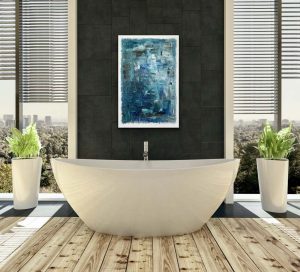 Echoes of Blue Abstract by Red, Oil, 36 x 24 hung in Luxury Bathroom