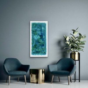 Emerald Tapestry by Red, 36' x 18', Acrylic Abstract Hung with Green Chairs