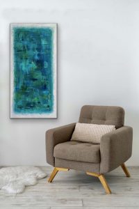 Emerald Tapestry by Red, 36' x 18', Acrylic Abstract Hung with Taupe Chair