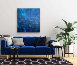 After Midnight Acrylic Abstract Hung Over Blue Velvet Couch