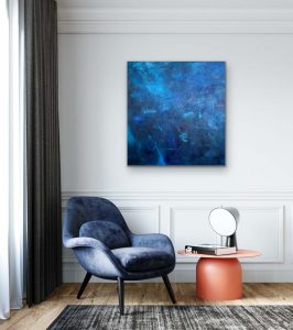 After Midnight Acrylic Abstract Hung with Blue Accent Chair