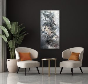 Rainy Night In Georgia Acrylic Abstract By Red, Hung On Dark Wall with Creme Accent Modern Chairs, 48x24, Gallery Wrap Canvas