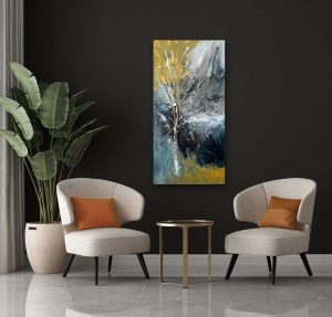 Lone Tree, Acrylic Abstract by Red on Gallery Wrap Canvas, Hung with Creme Accent Modern Chairs, 48x24