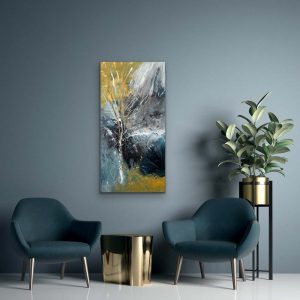 Lone Tree, Acrylic Abstract by Red on Gallery Wrap Canvas, Hung with Teal Accent Chairs, 48x24