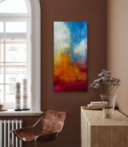Contemporary Acrylic Abstract titled Ethereal Glow shown hung on a tan wall