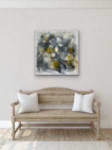 Fireflies in the Mist - a soft oil painting by Red hung over aa wooden tan bench