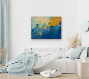 Acrylic Abstract Contemporary Painting by Red hung in bedroom setting