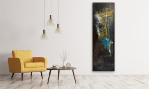 Amber Glow Acrylic Abstract Hung in Casual Setting with yellow chair