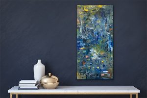Blue Daze Oil Abstract 40x20 hung on dark blue wall over console table