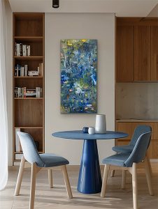 Blue Daze Oil Abstract 40x20 hung in setting with blue dining table