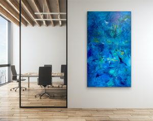 Calming Seas large acrylic abstract on gallery wrap canvas hung on white wall right outside large conference room