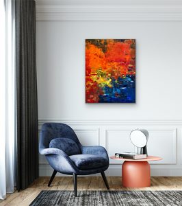 Harbor Lights abstract hung in setting with blue chair