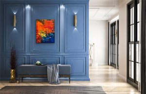Harbor Lights oil abstract hung on blue wall..