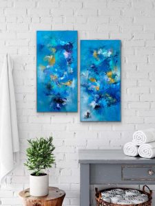 Whimsical Memories - Diptych Oil Abstract by Red, 2) 30 x 15, Gallery Wrap Canvas, Hung with in bathroom