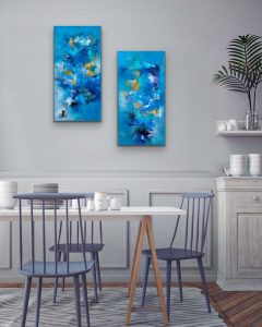 Whimsical Memories - Diptych Oil Abstract by Red, 2) 30 x 15, Gallery Wrap Canvas, Hung in breakfast nook