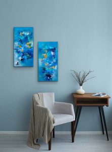 Whimsical Memories - Diptych Oil Abstract by Red, 2) 30 x 15, Gallery Wrap Canvas, Hung on light blue wall