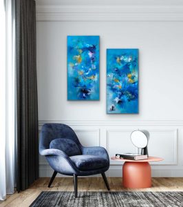 Whimsical Memories - Diptych Oil Abstract by Red, 2) 30 x 15, Gallery Wrap Canvas, Hung with Dark Blue Chair