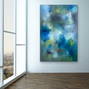 Abstract Art, Whispering Strokes Large Oil Abstract by Red, 60" x 40", Gallery Wrap Canvas Hung by Large Viewing Window
